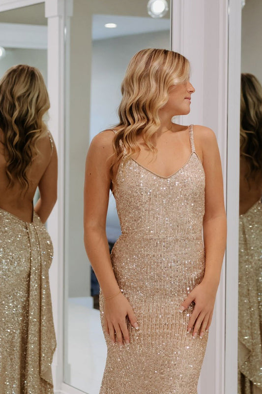 Vivienne | Charming Mermaid V-Neck Champagne Sequin Long Prom Dress