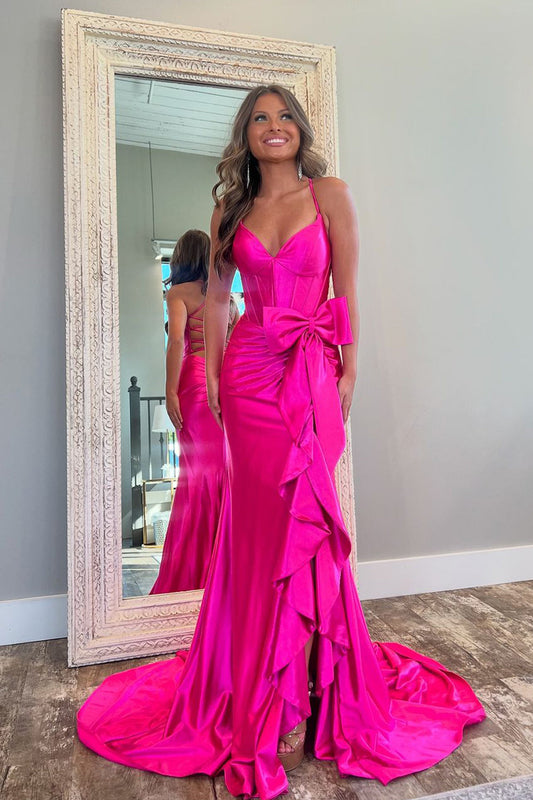 Sophia | Cute Mermaid V-Neck Pink Satin Long Prom Dress with Bow