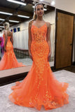 Charming Mermaid V-Neck Orange Sequin Tulle Long Prom Dress