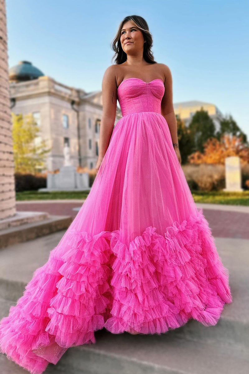 Rachael | Pink Long Prom Dress with Sweetheart Neckline and Tiered Tulle Skirt