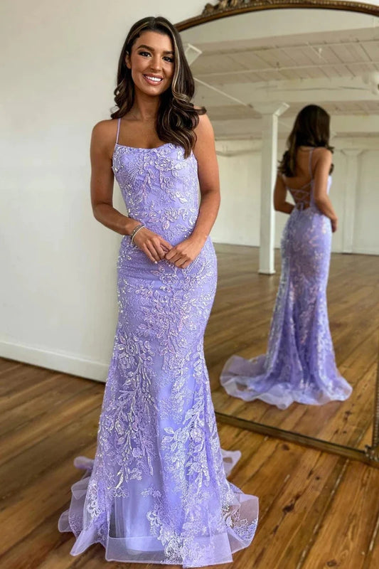 Celeste | Elegant Lavender Mermaid Tulle Strapless Square Neck Prom Dress with Lace JB120317