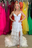 Cute A Line V Neck White Chiffon Tiered Long Prom Dresses AB24111805