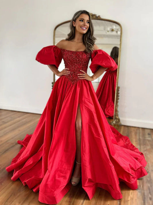 Liana | Off-the-Shoulder A-Line Taffeta Prom Dress with Short Puffy Sleeves