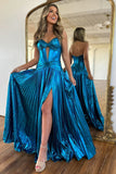 Selena | Sparkly A-Line Sweetheart Blue Pleat Satin Long Prom Dress with Slit