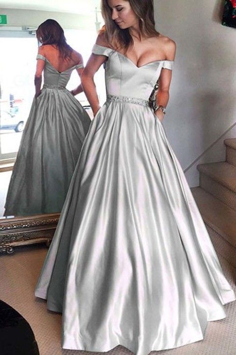 Viviana | Glamorous A line Ball gown Satin Off the shoulder Prom Dress with Beaded belt JB121107