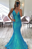 Sparkly Mermaid V-Neck Blue Sequins Long Prom Dress