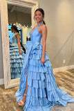 Cute A Line V Neck Blue Tiered Taffeta Long Prom Dress with Bow