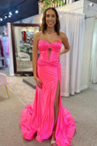 Charming Mermaid Sweetheart Pink Satin Long Prom Dress with Slit