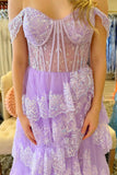 Seraphina | Charming A-Line Off-the-Shoulder Light Purple Tiered Tulle Long Prom Dress with Slit