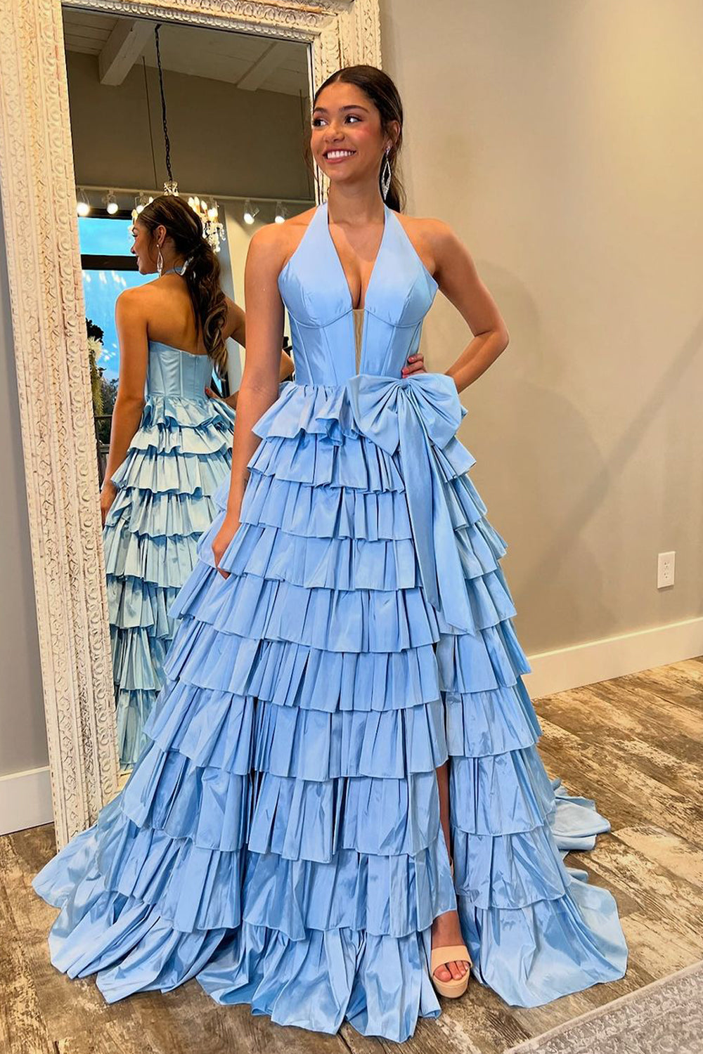 Cute A Line V Neck Blue Tiered Taffeta Long Prom Dress with Bow