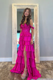 Stunning A-Line Off-the-Shoulder Fuchsia Tiered Satin Long Prom Dress with Beading