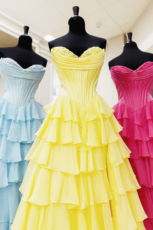 Cute A-Line Sweetheart Chiffon Tiered Long Prom Gown