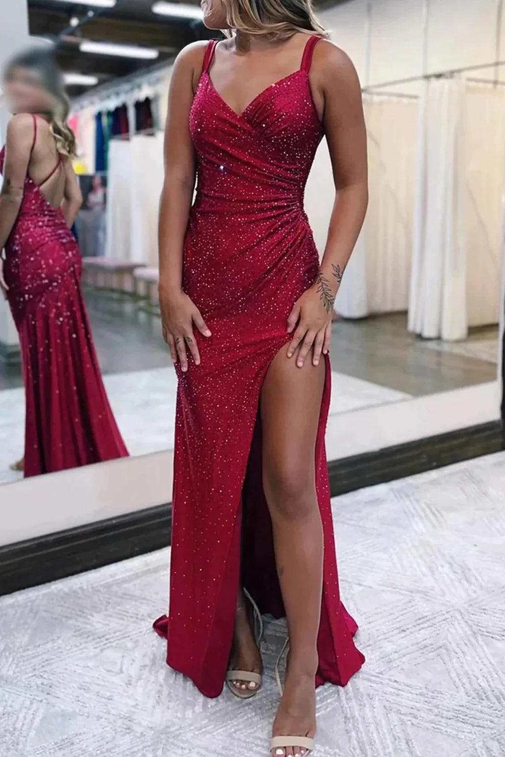 Ariana | Elegant Dark Red Mermaid Matte Satin Illusion Neck Prom Dress with Beadings JB120315