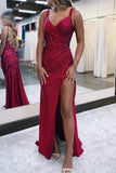 Ariana | Elegant Dark Red Mermaid Matte Satin Illusion Neck Prom Dress with Beadings JB120315