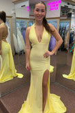 Charming Halter Yellow Satin Mermaid Prom Dress with Slit