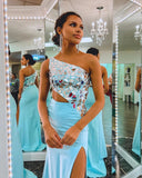 Charming Mermaid One-Shoulder Blue Beaded Prom Dress with Slit