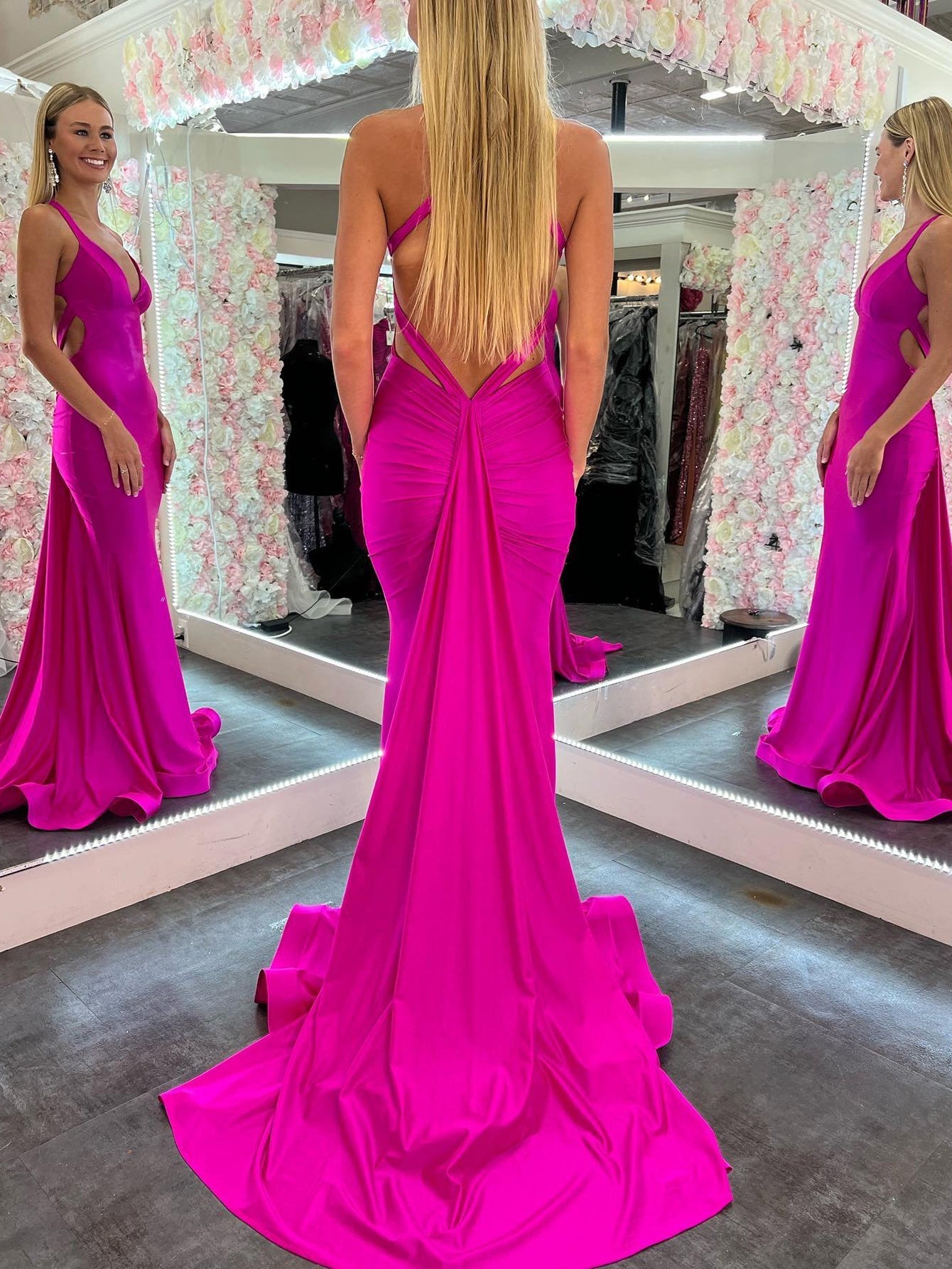 Angela | Pink Satin V-Neck Mermaid Prom Dress with Open Back