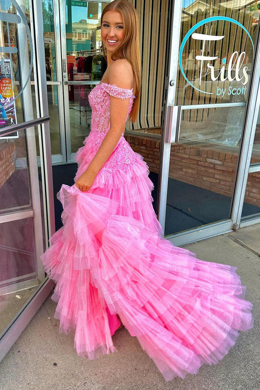 Off-the-Shoulder Pink Tulle Long Prom Dress with Ruffles and Appliques