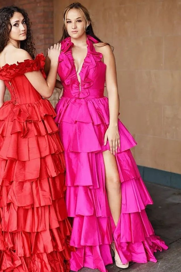 Flora | Radiant Halter Red Ruffle Tiered A-Line Prom Dress