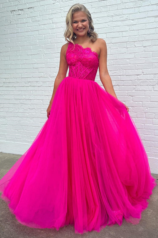 Madilyn | A-Line One Shoulder Lace Tulle Prom Dress with Slit