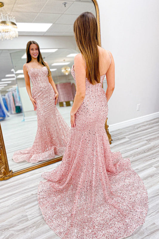 Nori | Pink Sequin Mermaid Long Prom Dress with Spaghetti Straps and Boning