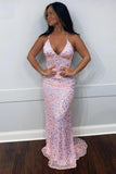 Amara | Elegant Light Pink Mermaid Satin Spaghetti Straps V-Neck Prom Dress with Sequins JB120915