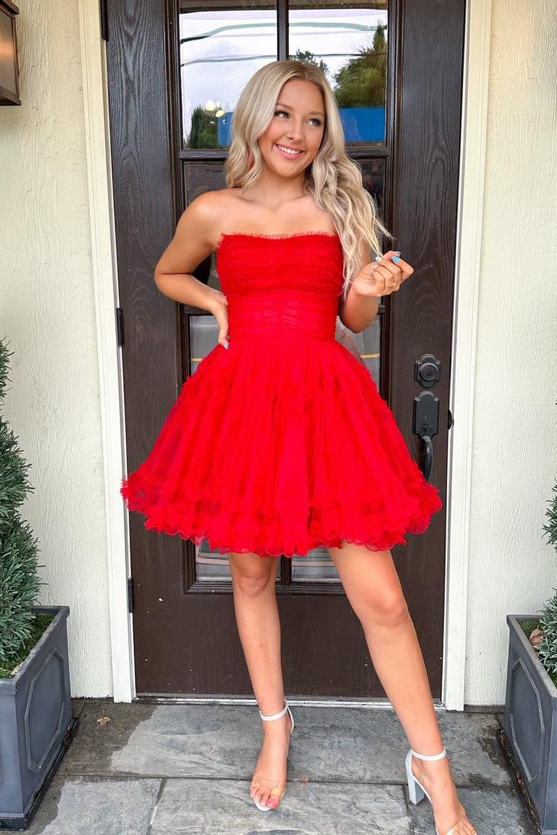 Charming A-Line Red Tulle Short Homecoming Dress with Detachable Sleeves