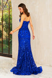 Gianna | Sapphire Blue Mermaid Sequins Spaghetti Straps Illusion Bodycon Prom Dress with Slit JB113006