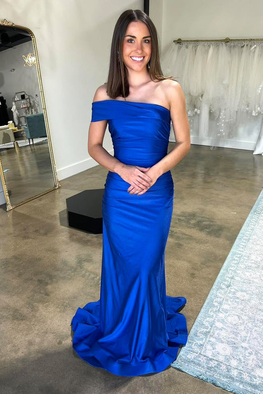 Charming Royal Blue Satin Mermaid One-Shoulder Prom Dress