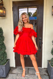 Charming A-Line Red Tulle Short Homecoming Dress with Detachable Sleeves