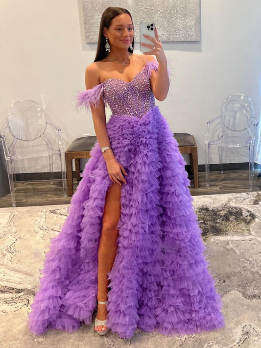 Astrid | A-Line Off-the-Shoulder Tiered Tulle Prom Dress with Slit