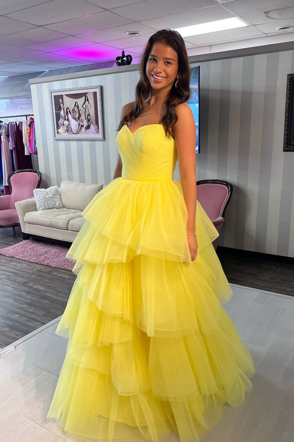 Sunny | Cute Ball Gown Strapless Yellow Tulle Tiered Prom Dress