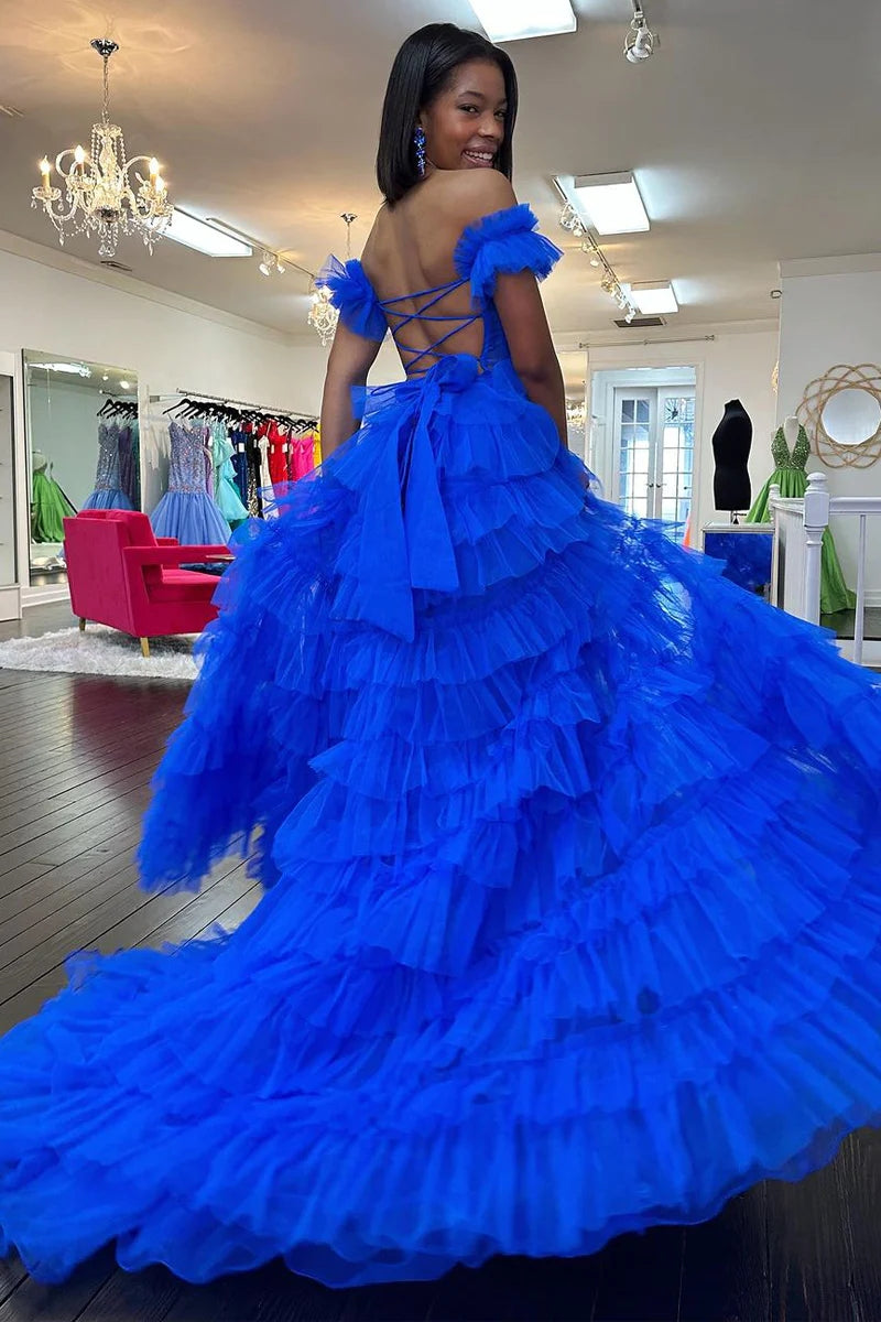 Adalynn | Royal Blue Off-the-Shoulder Ruffle Tiered Tulle Long Prom Dress with Slit