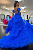 Adalynn | Royal Blue Off-the-Shoulder Ruffle Tiered Tulle Long Prom Dress with Slit