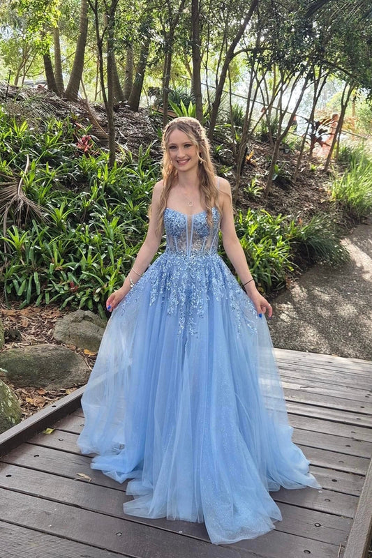 Cute A Line Sweetheart Blue Tulle Long Prom Dresses with Appliques