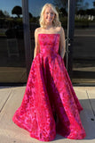 Ruby | Cute A-Line Sweetheart Jacquard Satin Red Long Prom Dress with Pockets