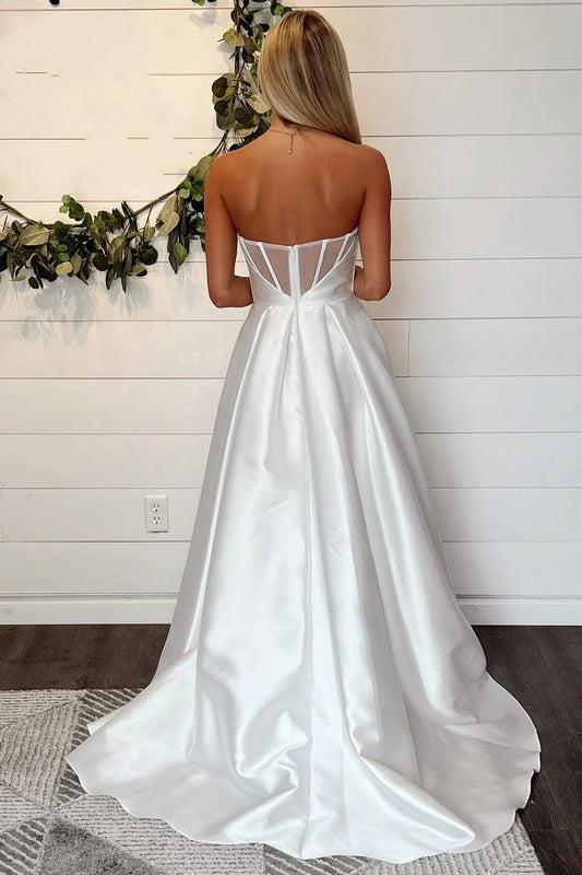 Lena | Simple A-Line Cowl Neck Satin Long Slit Wedding Dress