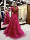 Elysia | Fairy A-Line Sweetheart Fuchsia Tiered Tulle Long Prom Dress with Appliques