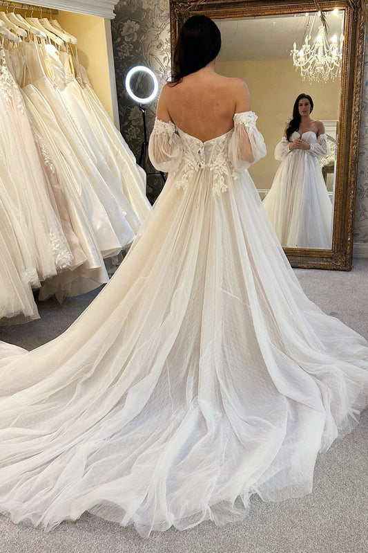 Ivory Tulle A-Line Wedding Dress with Train