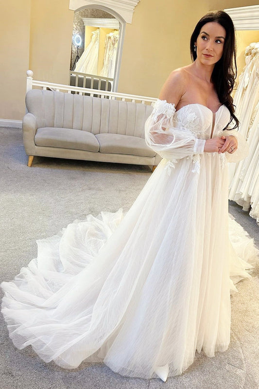 Ivory Tulle A-Line Wedding Dress with Train