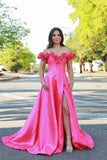 Cute A-Line Off-the-Shoulder Pink Satin Long Prom Dress with Slit