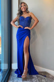 Sienna | Strapless Royal Blue Beaded Long Prom Dress with Slit