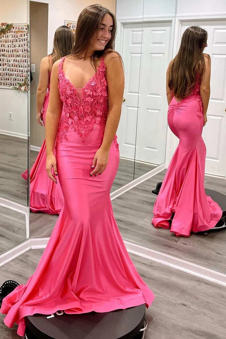 Isabella | Charming Mermaid V-Neck Fuchsia Sparkly Satin Long Prom Dress with Appliques