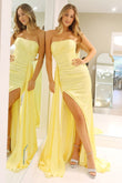 Serena | Charming Mermaid Strapless Yellow Elastic Satin Long Prom Dress with Slit