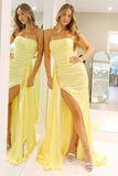 Serena | Charming Mermaid Strapless Yellow Elastic Satin Long Prom Dress with Slit