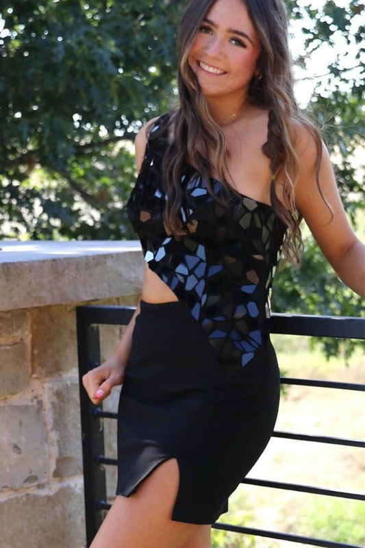 Cute Black Satin Bodycon One-Shoulder Short Homecoming Dress with Beading