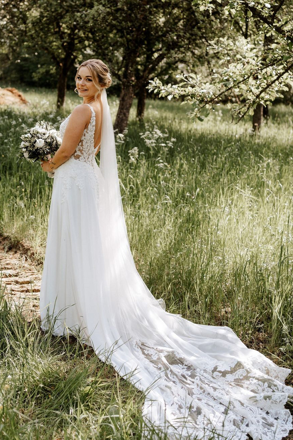 Vivienne | Bohemian A-Line V-Neck Chiffon Beach Wedding Dress with Appliques