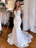 Mermaid V-Neck Wedding Dress with Long Sleeves and Appliqués