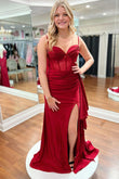 Dark Red Sweetheart Satin Mermaid Prom Dress with Slit