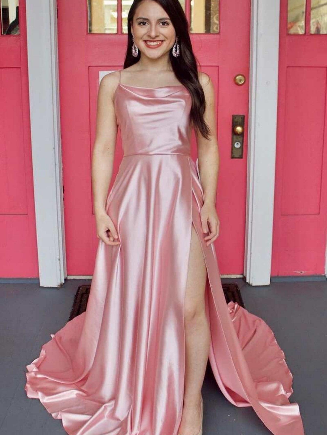 Araya |A Line Cowl Neck Satin Prom Dress With Slit